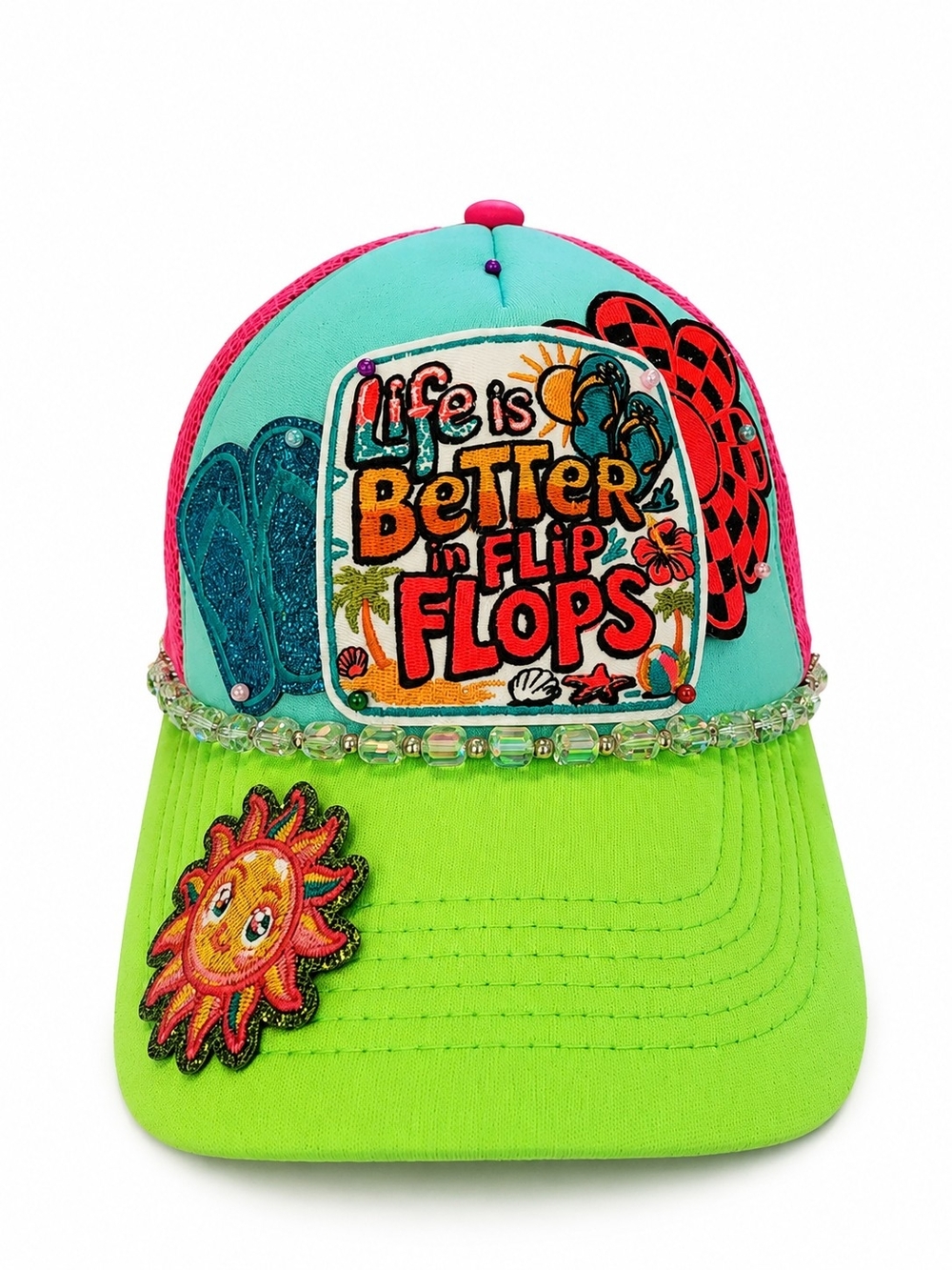 Embellished 'Life is Better in Flip Flops' Neon Trucker Hat